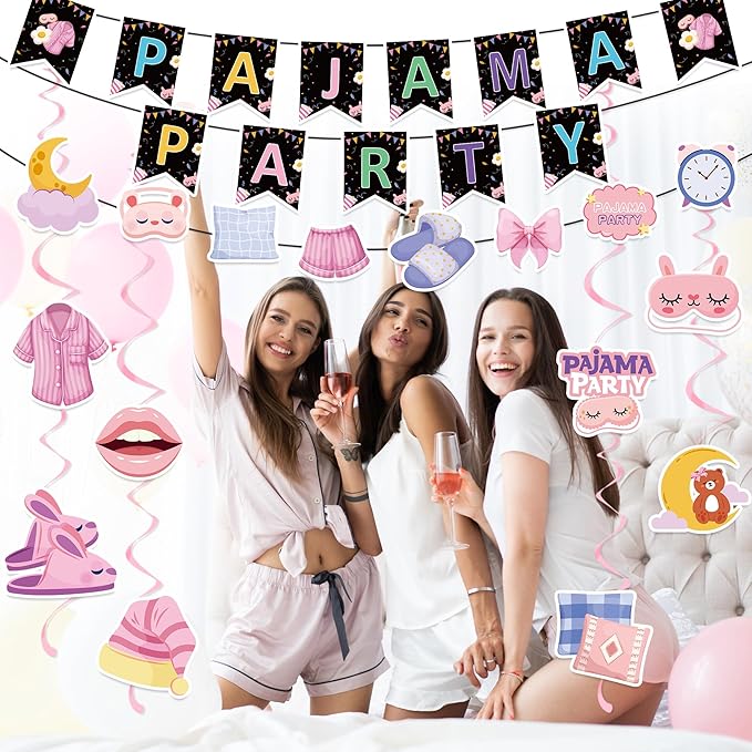 Pajama Party Decorations - Pajama Party Banner with Hanging Swirl Sleepover Party Supplies for Girls Slumber Party Favors Birthday Night Out