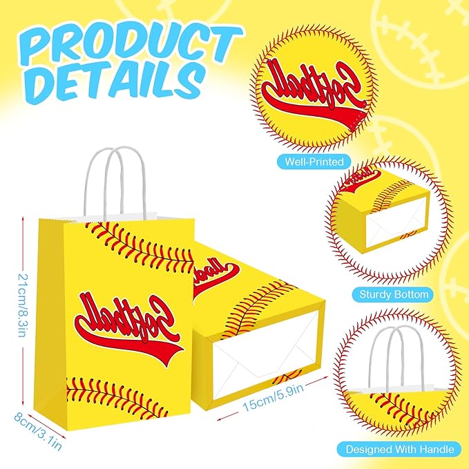 MTLEE Softball Party Favors Set Includes 12 Softball Paper Bags, 12 Silicone Bracelets, 12 Mini Foam Softball for Softball Birthday Party Supplies