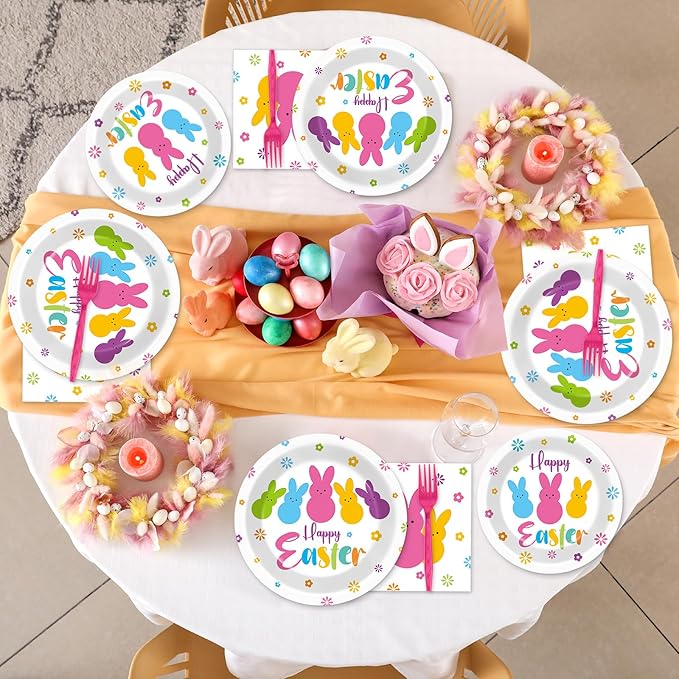 gisgfim 96Pcs Easter Bunny Peeps Party Plates and Napkin Party Supplies Easter Rabbit Party Tableware Set Happy Easter Party Decorations Favors for Spring Party Dinner Holiday Decoration Serve 24