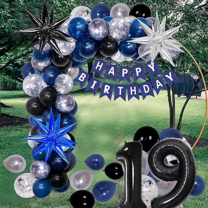 19th Birthday Decorations for Boys and Girls Dark Blue, 19 Birthday Decorations with HAPPY BIRTHDAY Banner 19 Balloon Number Tablecloth Foil Star Balloons Garland Arch Kit-19 Year Old Party Supplies