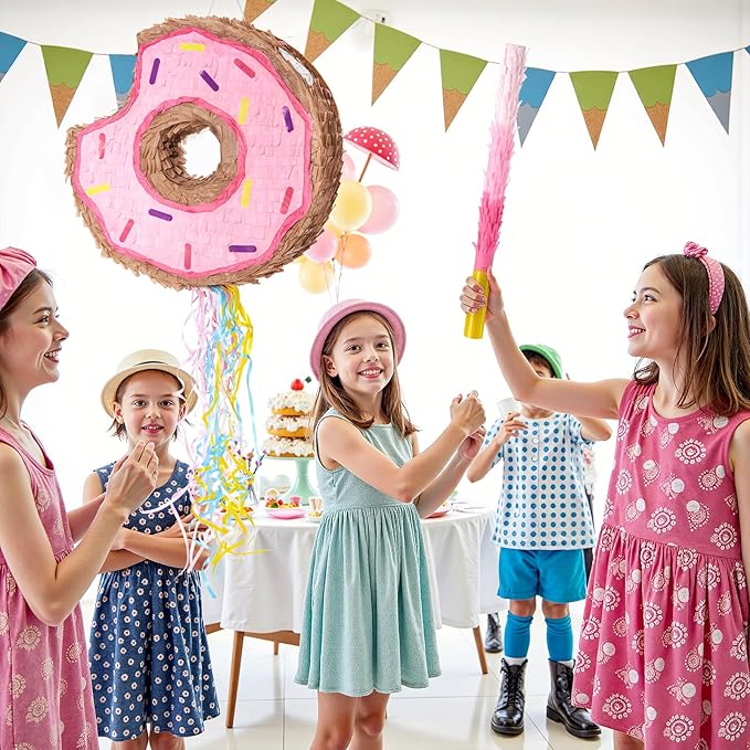 WERNNSAI Donut Piñata - Pink Donut Piñata with String Birthday Party Decorations Piñata with Stick Blindfold for Girls Kids Dount Pull String Piñata Family Games Birthday Party Supplies