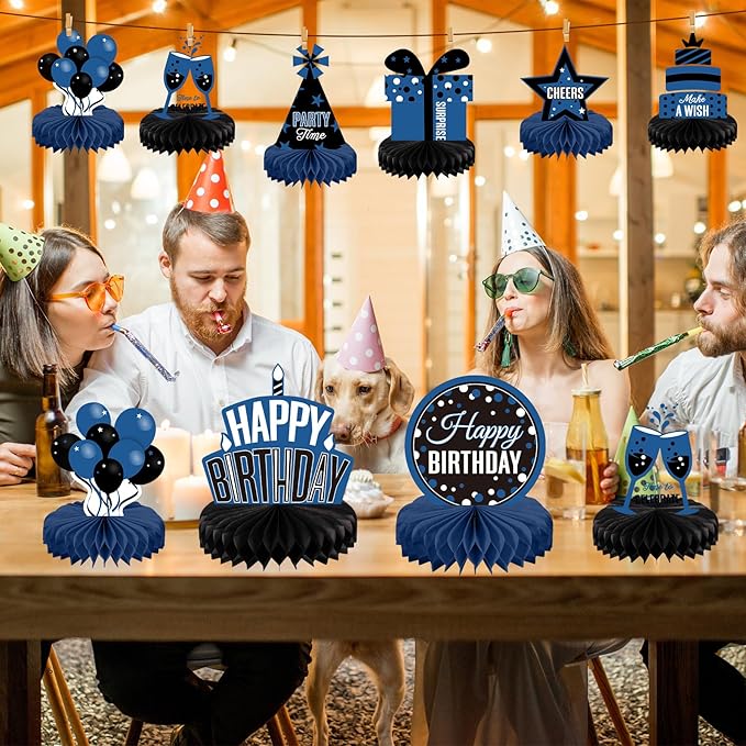 Pajean 8 Pieces Blue and Black Birthday Party Honeycomb Centerpieces Blue Black Table Centerpieces Decorations Table Centerpiece Sign for Kids Adults Party Supplies