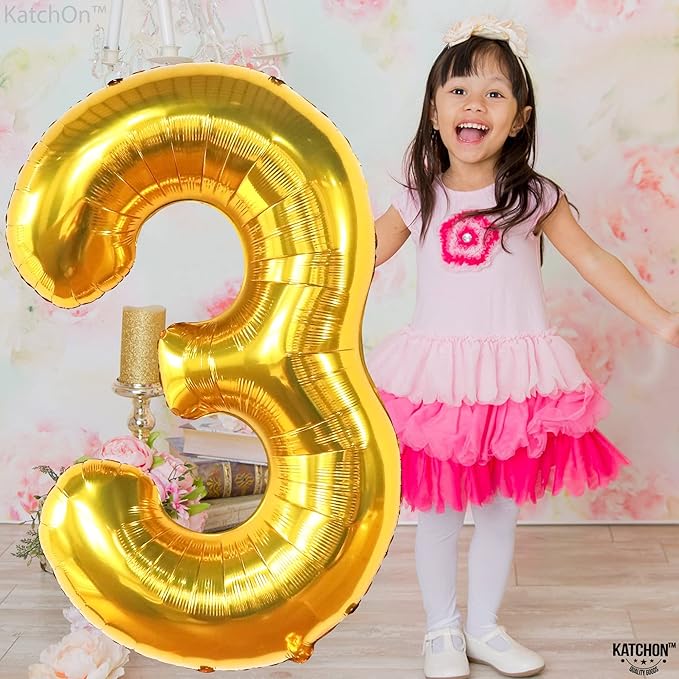 KatchOn, Giant Gold Number 3 Balloon - 40 Inch | Gold 3 balloon Number for 3rd Birthday party Decorations for Boys | Gold Three balloon, 3 Year Anniversary Decor | 3 Year Anniversary Decorations