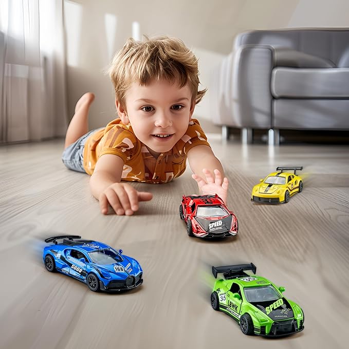 KIDAMI Pull Back Cars for Kids, Sports Car Die Cast Metal Toy Cars Playset with Door Openable, Vehicles Race Toys for Toddlers, Boys, Girls’ Educational Play (4 Pack)