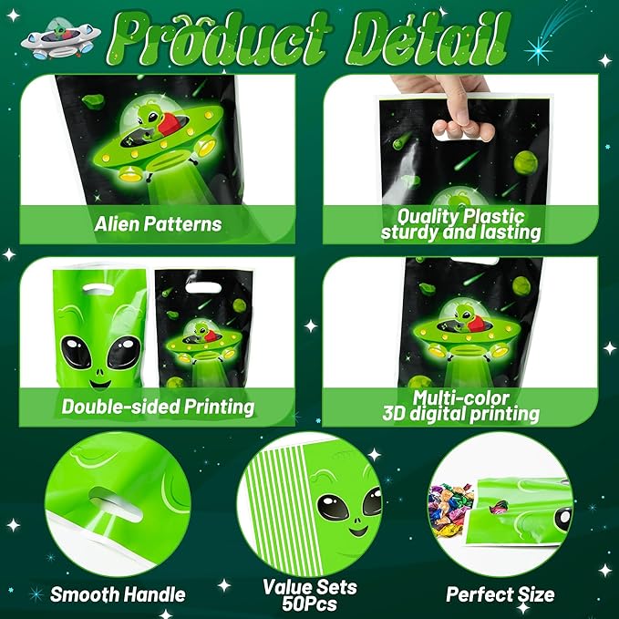 Green Alien Party Favor Bags 50Pcs Fun Alien Goody Candy Treat Gifts Bags, Space Themed Party Decorations for Kids Boys Girls Birthday Space Theme Events Supplies
