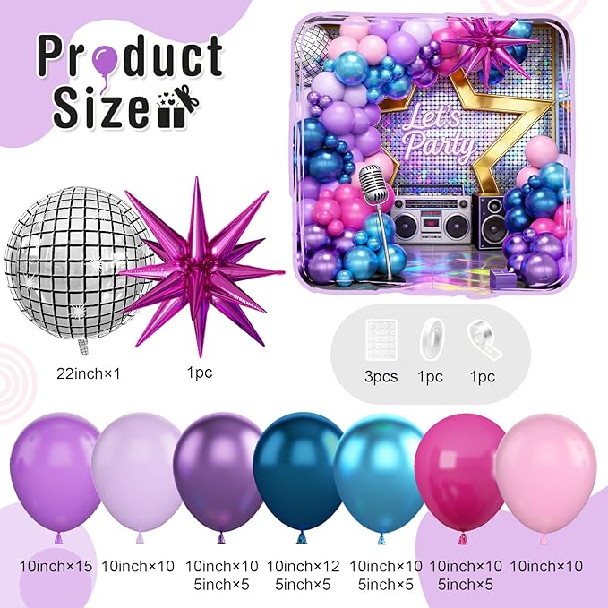 Purple Blue Pink Balloon Arch Kit, Light Pink Hot Pink Metallic Blue Purple Balloons Garland with Star Disco Ball Foil Balloons, Boy Girls Music Fans Singer Theme Birthday Prom Party Supplies