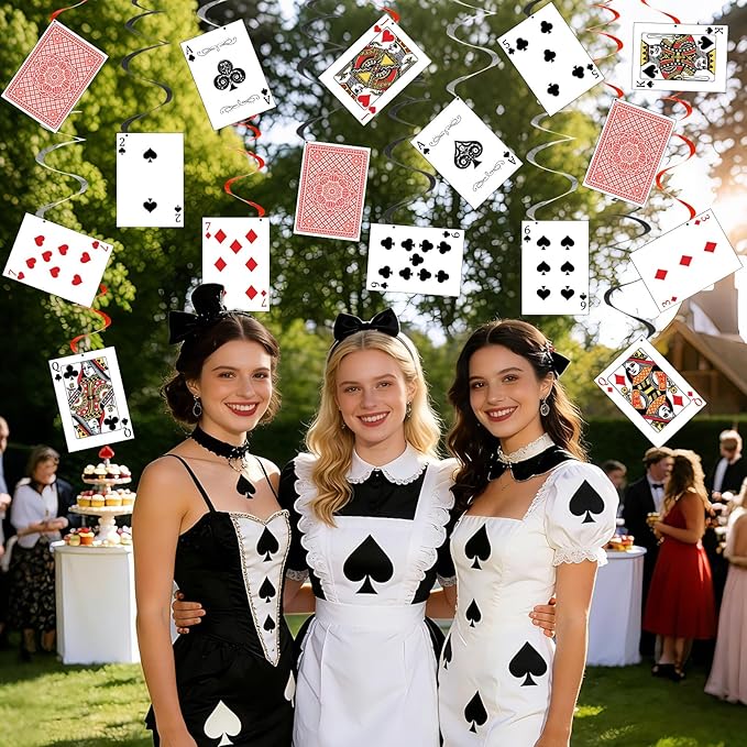 30Pcs Wonderland Tea Party Hanging Swirls Poker Cards Hanging Swirls Wonderland Theme Party Decoration Poker Cards Ceiling Streamers Banner Decor for Birthday Baby Shower Casino Party Supplies