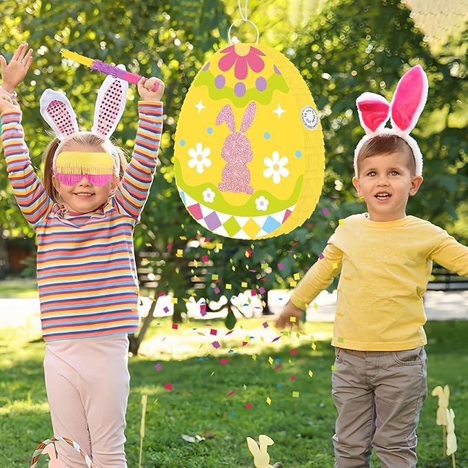 Hooqict Easter Egg Pinata Bunny Pinata with Blindfold and Bat Stick for Kids Spring Happy Easter Party Games Bunny Birthday Party Decorations Sunday Celebration Supplies