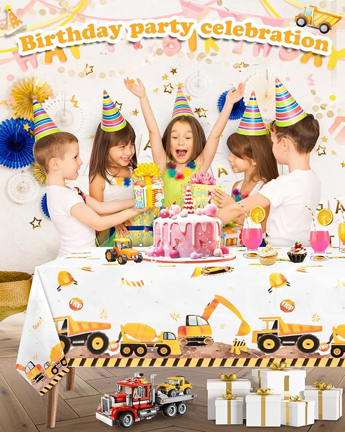 3PCS Construction Plastic Birthday Party Tablecloths,Dump Truck Themed Table Cover for Kids Boy Construction Birthday Party Supplies Tables Decorations, 54 x 108inch