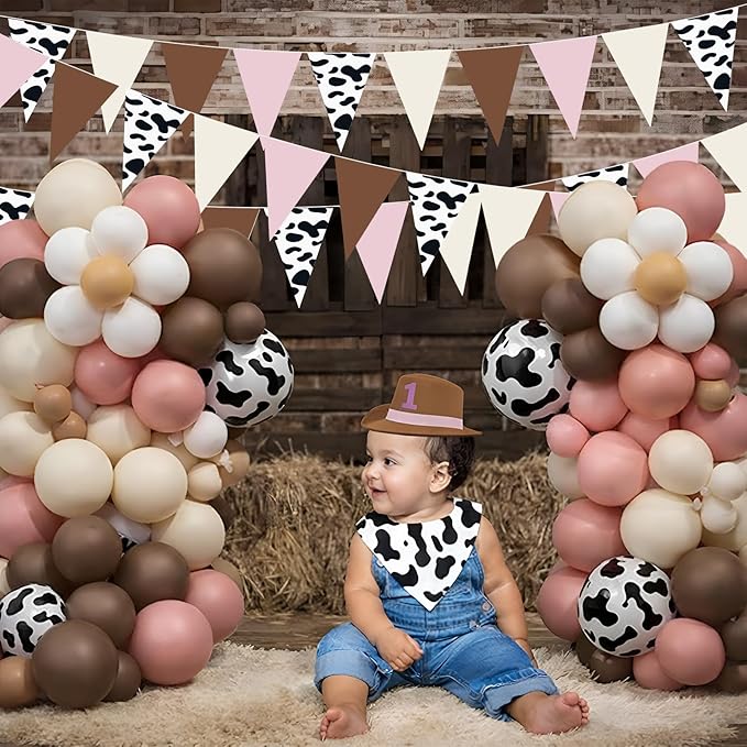 Pasimy 5 Pcs Cowgirl Party Decorations Western Cowgirl Triangle Flag Banner Pennant Pink Brown Cow Print Hanging Flag Banner for Girl First Birthday Farm Baby Shower Party Decorations