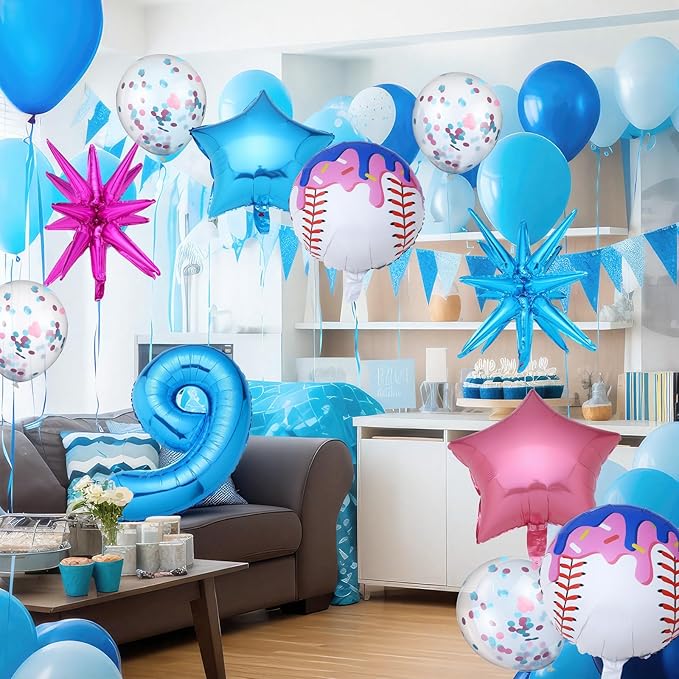 Ceenna 11 Pcs Ice Cream Drip Baseball Birthday Party Decorations 9th Baseball Balloons Birthday Decoration Sports Theme Party Supplies 32inch Foil Number 9 Balloon for Summer Ice Cream