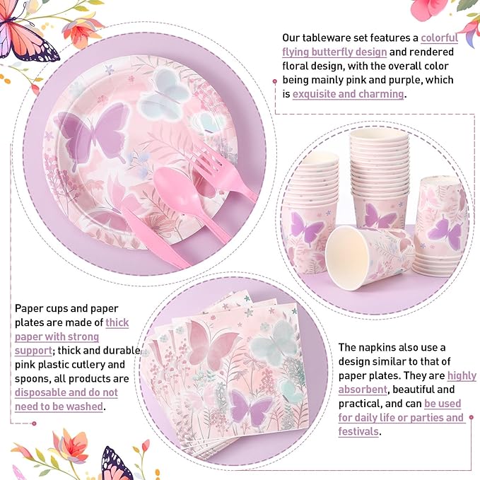 350 Pcs Butterfly Party Supplies Tableware Set Disposable 9'' 7'' Paper Plates 9 oz Cups Cutlery Napkins Dinnerware Set for 1st Birthday, Serve 50 (Butterfly, Purple, Pink)