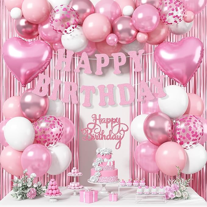 Pink Birthday Decorations for Girls Women, Baby Light Pastel Pink White Party Balloons with Fringe Curtain Birthdays Banner Cake Decor for Birthday Wedding Baby Shower Party Decoration Supplies
