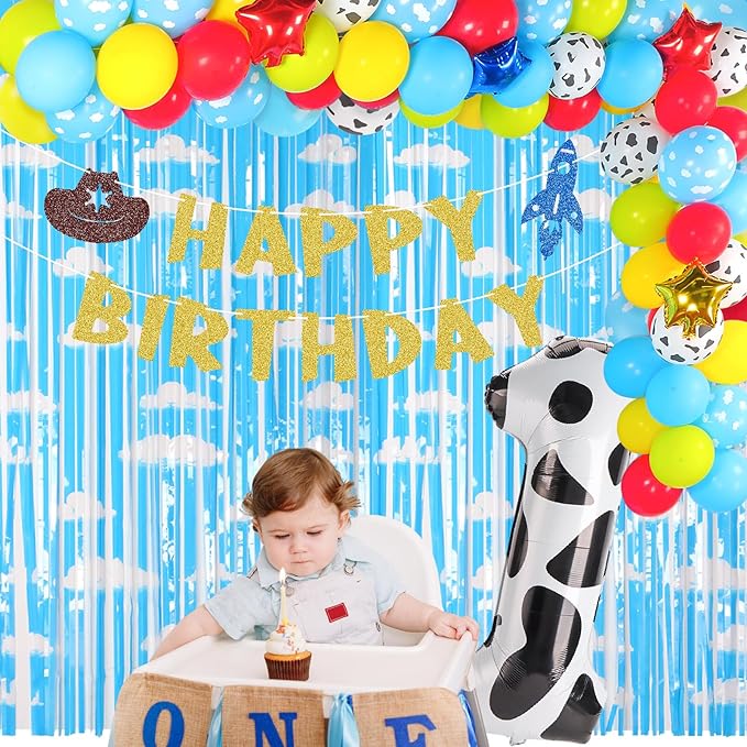 Glitter Toy Theme Happy Birthday Banner Cartoon Story Birthday Party Decorations Toy Inspired Game Space Theme Kids Birthday Banner Two Infinity and Beyond Bday Party Supplies