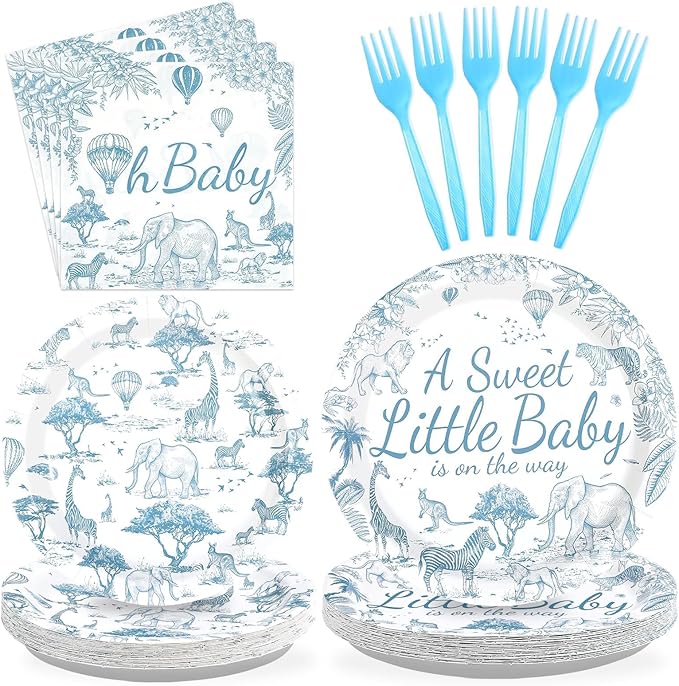 96Pcs Blue Safari Animals Baby Shower Decorations Toile De Jouy Plates and Napkins Baby is on The Way Tableware for Chinoiserie Baby Shower Gender Reveal Party Supplies Serves 24