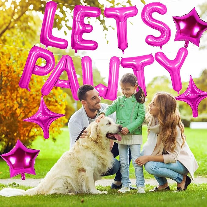 Lets Pawty Balloons Banner 16 Inch,Hot Pink Dog Birthday Decorations with 4pcs 10 Inch Star Balloons,Paw Foil Letter Balloon for Dogs Paw Pet Puppy Theme Party Supplies
