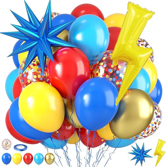 Red Blue Yellow Balloons, 12 Inch Light Blue Red Yellow Confetti Balloons with Star and Foil Balloon for Boy Birthday Party Graduation Baby Shower Decorations
