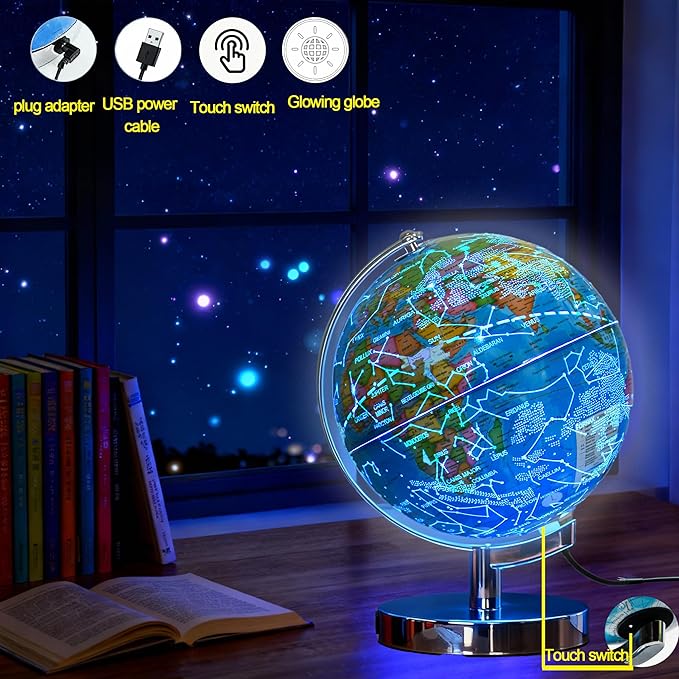 3-in-1 Illuminated World Globe for Children and Adults with Constellation Map, Color Changing Lamp for Learning & Education, Night Light for Kids Room and Desk Decor