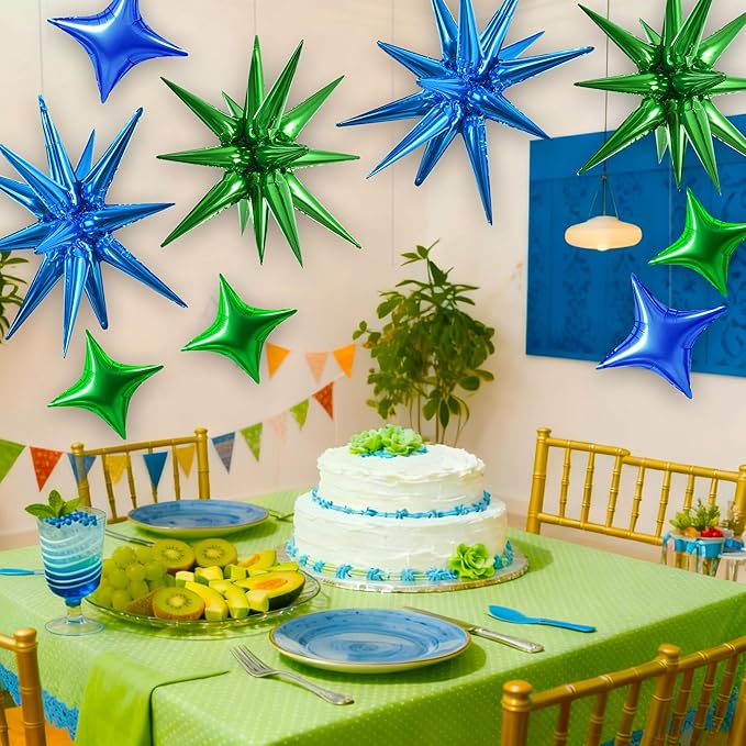 TONIFUL 18Pcs 22Inch Blue Green Large Explosion Star Mylar Balloons and 10Inch Four Pointed Star Balloons Set for Christmas New Year Birthday Wedding Bridal Shower Anniversary Photo Booth Supplies