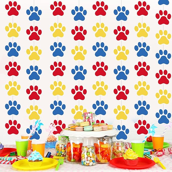 Duraaamo 8 Packs Dog Party Banner Decorations red Blue Paw Print Paper Garland Dog Birthday Paper Hanging Cutouts Colorful Paw Banners for Lets Pawty Pet Birthday Party Supplies Decor (Bright Paws)