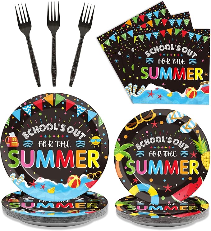 96 Pieces End of School Year Theme Tableware Set for Kids Class Summer Table Decorations Supplies School's Out Dessert Plates Napkins Forks for 24 Guests Tropical Beach Pool Disposable Party Favors