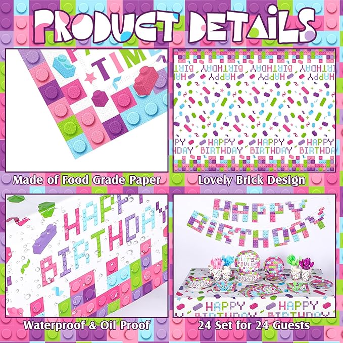 Gejoy 171 Pcs Building Block Birthday Party Supplies Tableware Kit Include Plates Cups Knives Forks Spoons Napkins Tablecloths Banner for Girls Birthday Party Decoration Serve 24 Guest (Sweet Color)