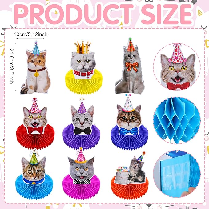 Teling 9 Pcs Cat Themed Honeycomb Centerpieces Cat Birthday Party Decorations Kitten Party Supplies Cake for Kids Baby Shower Birthday Supplies