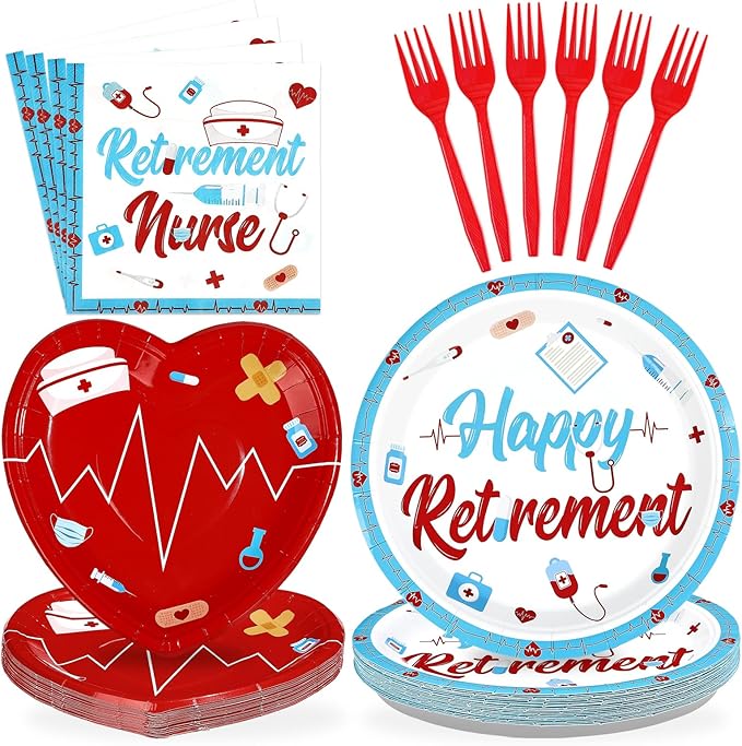 96Pcs Nurse Retirement Party Decorations Red and Blue Happy Retirement Plates and Napkins RN Theme Tableware Set for Retired Medical Staff Doctor Party Supplies Serves 24