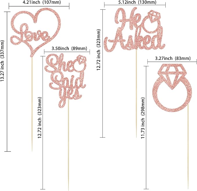 Gyufise 12Pcs Engagement Centerpiece Sticks Double Sided He Asked She Said Yes Diamond Ring Heart Table Centerpiece Sticks for Wedding Bridal Shower Party Supplies Rose Gold