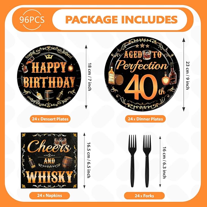 96 Pcs Whiskey 40th Birthday Party Supplies Aged To Perfection 40th Plates and Napkins Disposable Cheers and Whiskey Tableware Set for Men Vintage 40 Years Old Birthday Party Decorations Serves 24