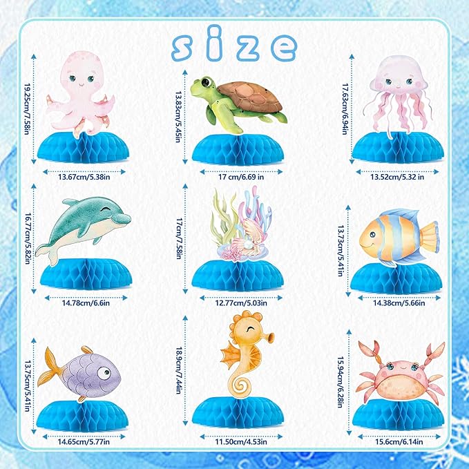 9 Pcs Ocean Animal Table Honeycomb Centerpieces, Ocean Theme Happy Birthday Party Decorations for Boys Girls Baby Shower, Standing Card Party Decor Party Supplies