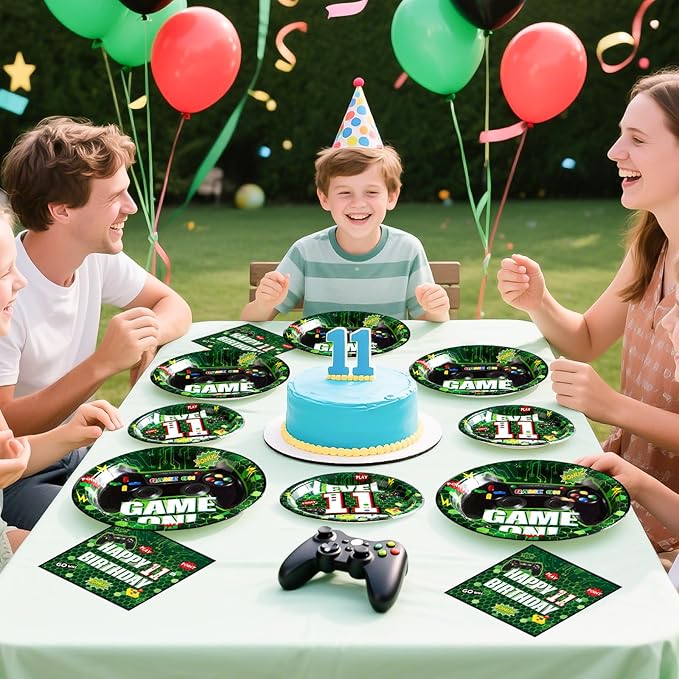 96Pcs 11th Birthday Video Game Party Supplies Green Video Game Paper Plates and Napkins Tableware Sets Gaming 11 Years old Birthday Decorations for Kids Boys 11th Birthday Gamer Gaming Party Serve 24