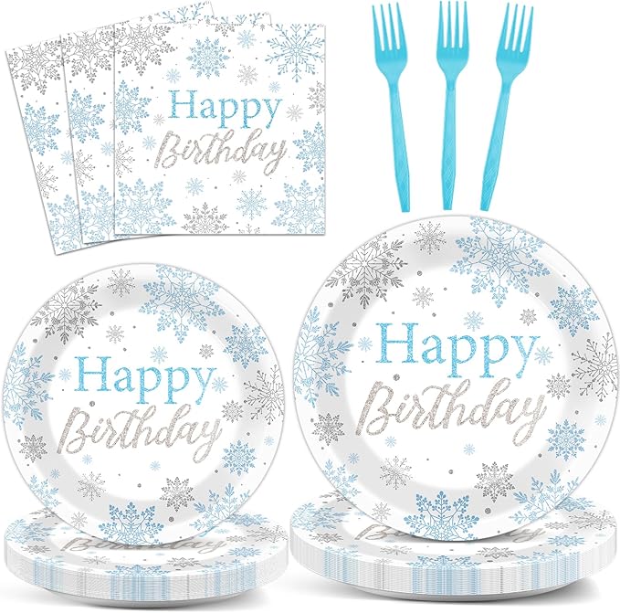96PCS Winter Birthday Party Decorations Snowflake Paper Plates and Napkins Winter Wonderland Baby Shower Decoration Silver Blue White Christmas Party Supplies Disposable Snow Flakes Tableware Serve 24