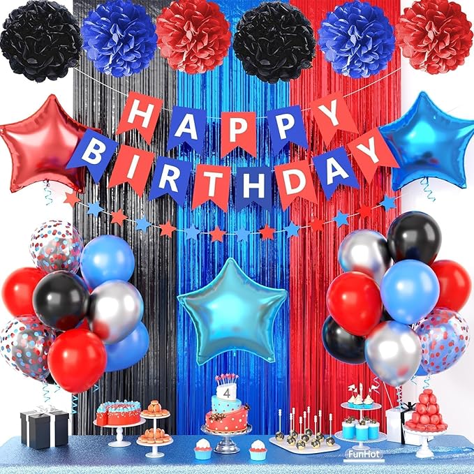 Black Red Blue Birthday Decoration,Red Blue Party Decorations Include Red Blue Black Balloons Happy Birthday Banner Fringe Curtain Tissue Paper Pompoms Garland