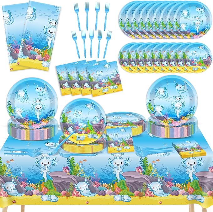 chiazllta 24 Guests Blue Axolotl Party Decoration Axolotl Birthday Party Supplies Favors Reptile Animals Tableware Set Disposable Plates Napkin Tablecloths for Axolotl Boys Decor 98 pcs