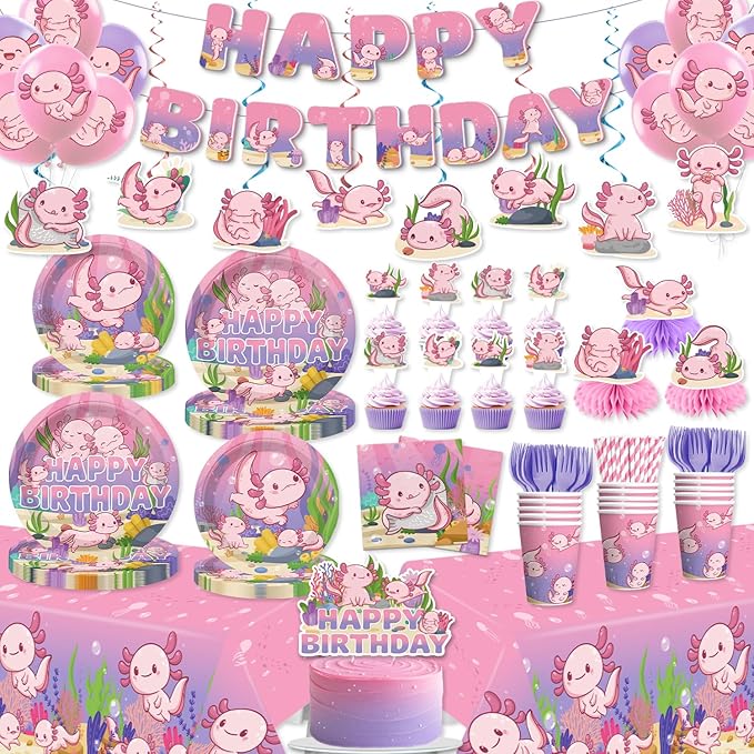 Xynic Axolotl Birthday Decorations Pink Axolotl Party Decorations Cake Cupcake Topper Balloons Banner Plates and Napkins Table Cloth Axolotl Party Supplies for Girls Cartoon Fun Animal Party
