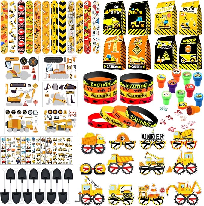 Construction Party Favors Supplies -Including Paper Glasses Gift Bag Tattoo Stickers Shovels Slap Bracelets Silicone Wristbands DIY Stickers Stampers, for Digger Theme Kids Students' Party Fillers