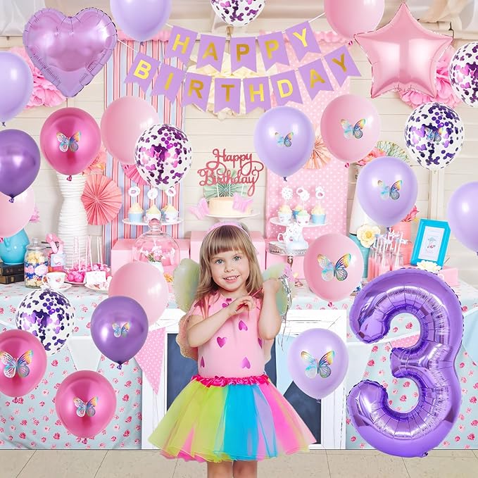 3rd Birthday Decoration for Girls,Pink Purple 3rd Birthday Balloon Number 3 Balloon with Butterfly Stickers Star Heart Foil Balloons Banner Princess Party Decoration for 3 Year Old Party