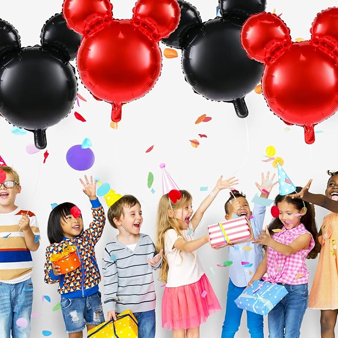 4 Pcs Bear Head Foil Balloons, 24'' Mylar Balloon for Birthday Party Decorations Jumbo Bear Head Aluminum Foil Balloons Party Favors Supplies (Black Red)