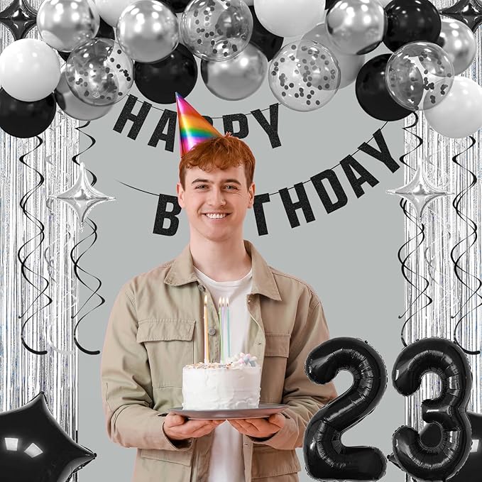 23th Birthday Decorations for Boys Girls, Silvery and Black Happy 23th Birthday Banner,Number 23 Balloons Arch Kit for 23 year old Birthday Party Decorations
