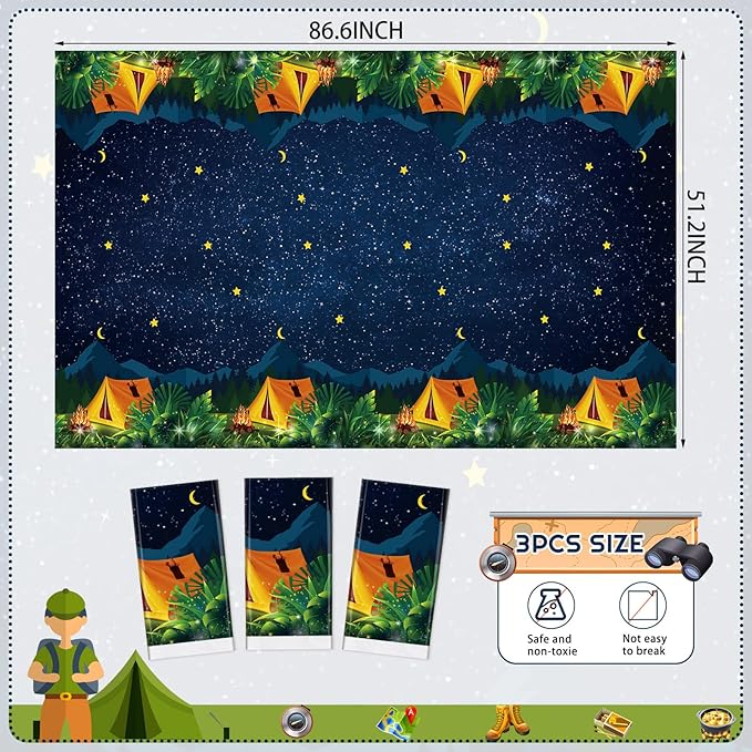 Chinco 3 Pieces Camping Tablecloth Party Decorations Campfire Plastic Rectangular Table Cover Camp Birthday Party Supplies Picnic Hiking Adventure Supplies