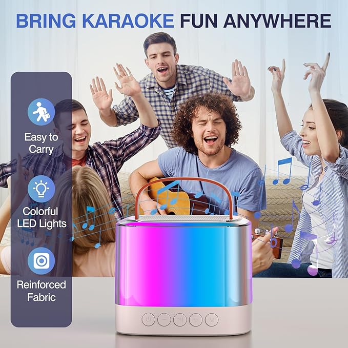 Mini Karaoke Machine for Kids with 2 Wireless Microphones, Portable Bluetooth Speaker & LED Lights, Birthday Gift Toy for Girls and Boys Ages 3–12+ (White)