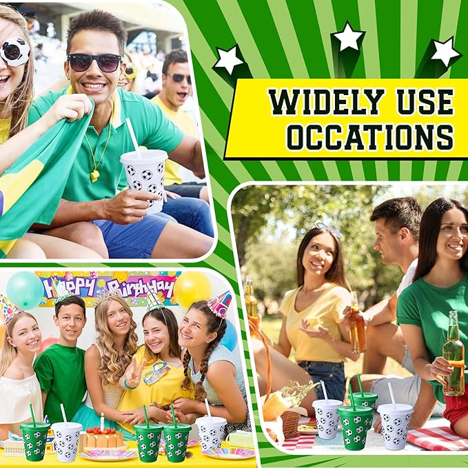 Sieral 30 Pcs Soccer Cups with Straws and Lids 16 oz Soccer Cups White Green Plastic Tumblers Reusable Iced Coffee Travel Mug for Sport Theme Party Supplies Decorations