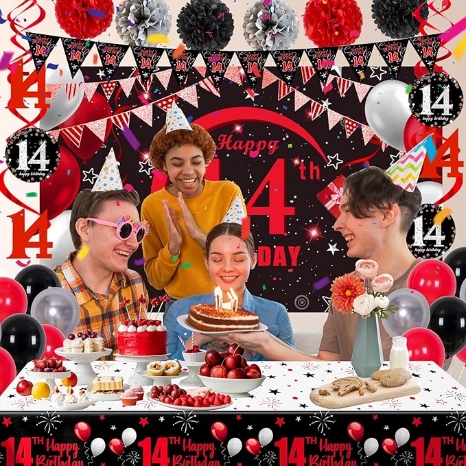 14th Birthday Decorations for Boys Girls, Red Black Happy 14 Birthday Party Decorations, 14th Birthday Backdrop Banner Tablecloth Triangle Flag Balloons, 14 Year Old Boy Bday Party Supplies Decor