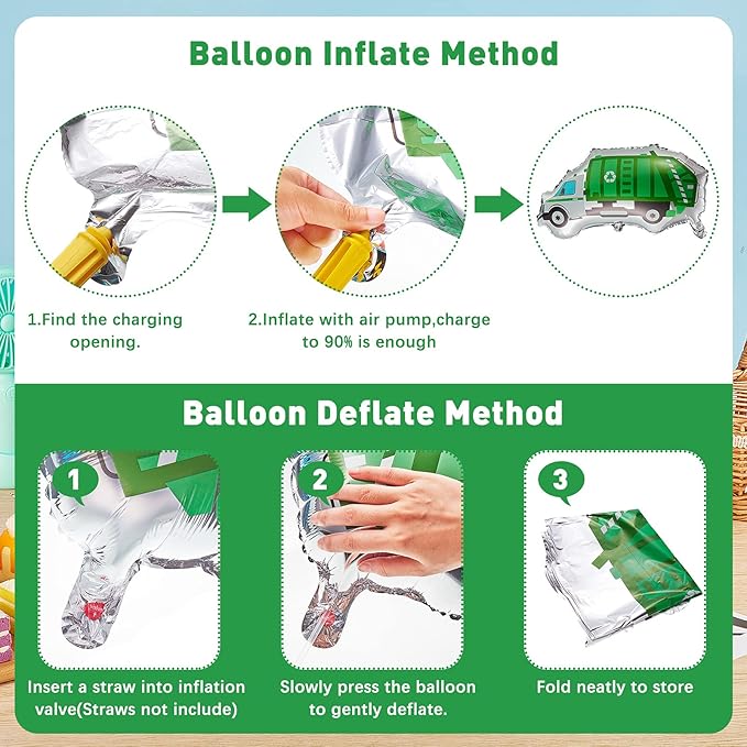 12 Pack Garbage Truck Foil Balloon Trash Truck Birthday Party Decoration Trash Waste Management Recycling Green Foil Balloon Baby Shower Party Favor Supplies