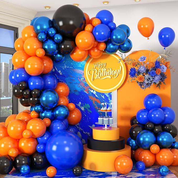 Orange Blue Black Balloons Garland Arch Kit 112 Pcs Royal Navy Blue Black Orange Latex Helium Balloon for Graduation Cartoon Baby Shower Birthday Engagement Party Decorations Supplies