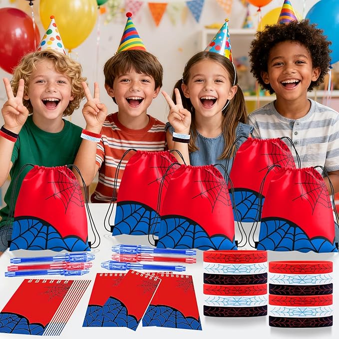 Spider Party Favors, Movie Hero Theme Birthday Party Supplies & Goodie Bags for Kids, Include Drawstring Bags Notebook Silicone Bracelet Highlighter for Gifts Fillers