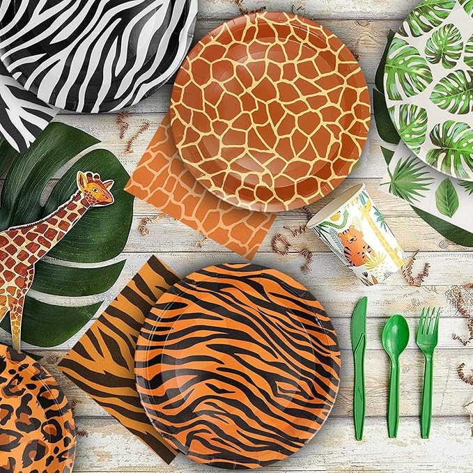 100Pcs Jungle Safari Wild Animal Party Supplies Disposable jungle zoo animal Print Paper Plates and Napkins for Birthday Party, Baby Shower and jungle safari theme party decorations