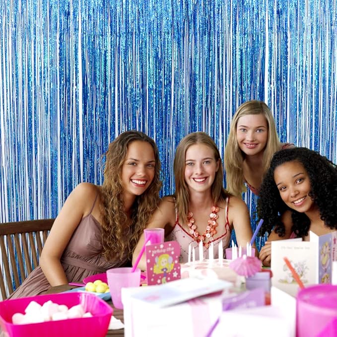 Blue Foil Fringe Curtains Iridescent Mermaid Shark Party Supplies Photo Backdrop Decor Curtains Under The Sea Backdropr Wedding Window Party Decorations Photo Booth Props(2 * 6.5 * 3.2 Ft, Lake Blue)