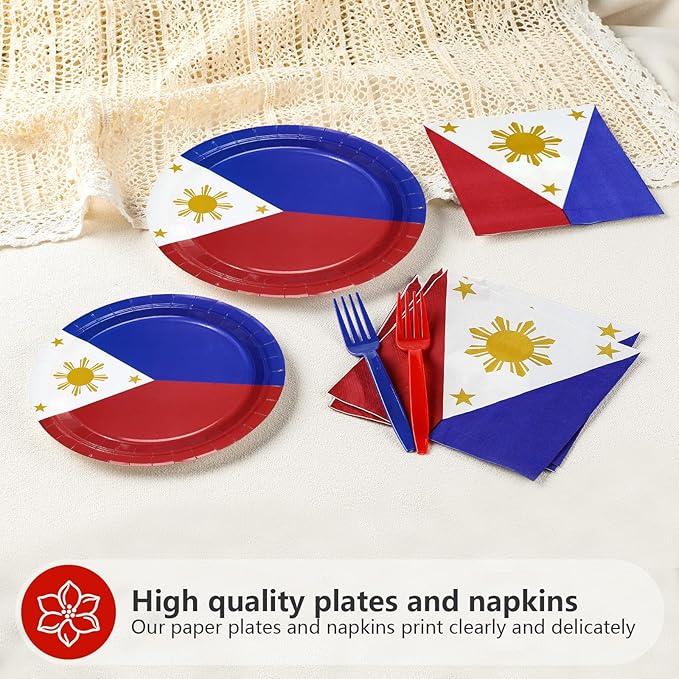 96Pcs Philippines Flag Party Supplies Philippine National Flags Plates and Napkins Philippine Independence Day Tableware Set for National Events Patriotic Festival Decorations，Serves 24